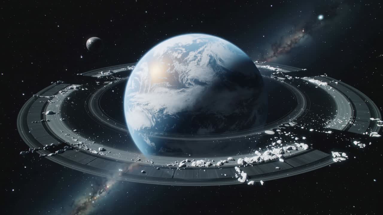 Panning camera showing Earthlike planet rotating in orbit to reveal engineered ring debris and moon