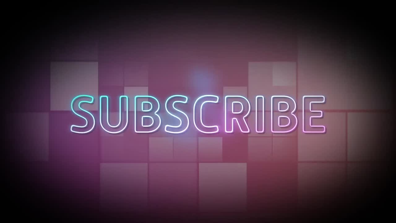 animación del texto de neón de suscripción sobre cuadrados móviles