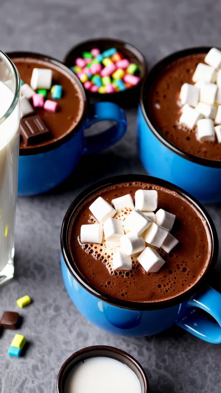 Cioccolata calda con marshmallow in tazze blu.