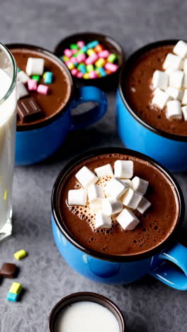 hot chocolate with marshmallows in blue mugs