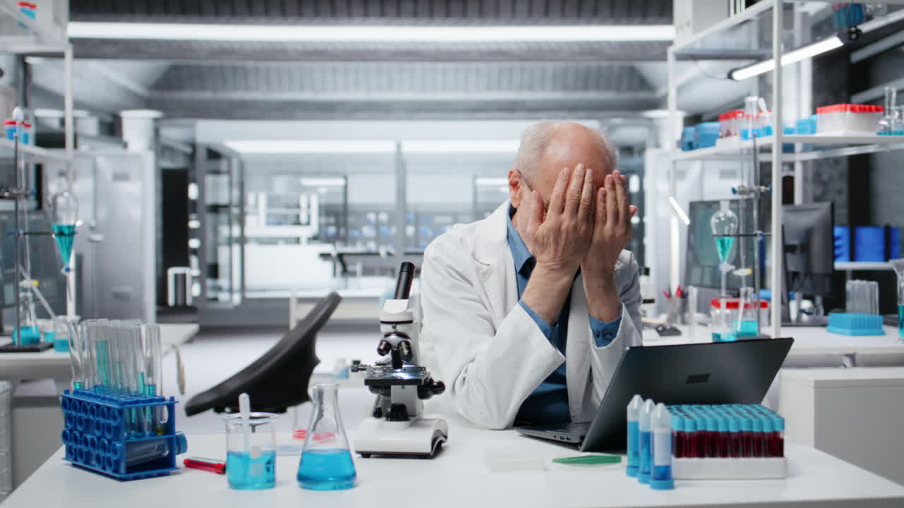 Ricercatore anziano di nanotecnologie di laboratorio che si sente sopraffatto, lavorando al laptop