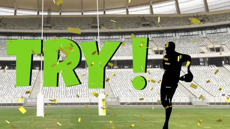 animation of confetti and try text over rugby player with ball at stadium