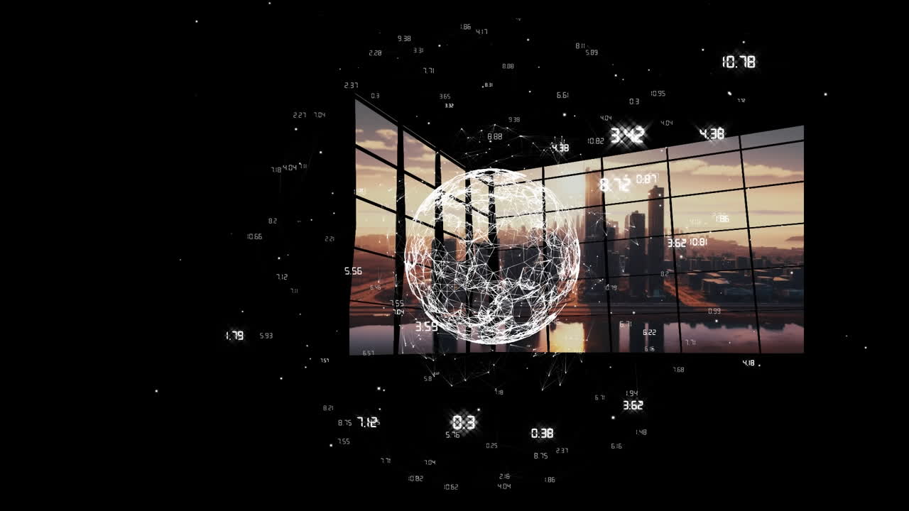 Animation of globe and data processing over modern apartment and cityscape