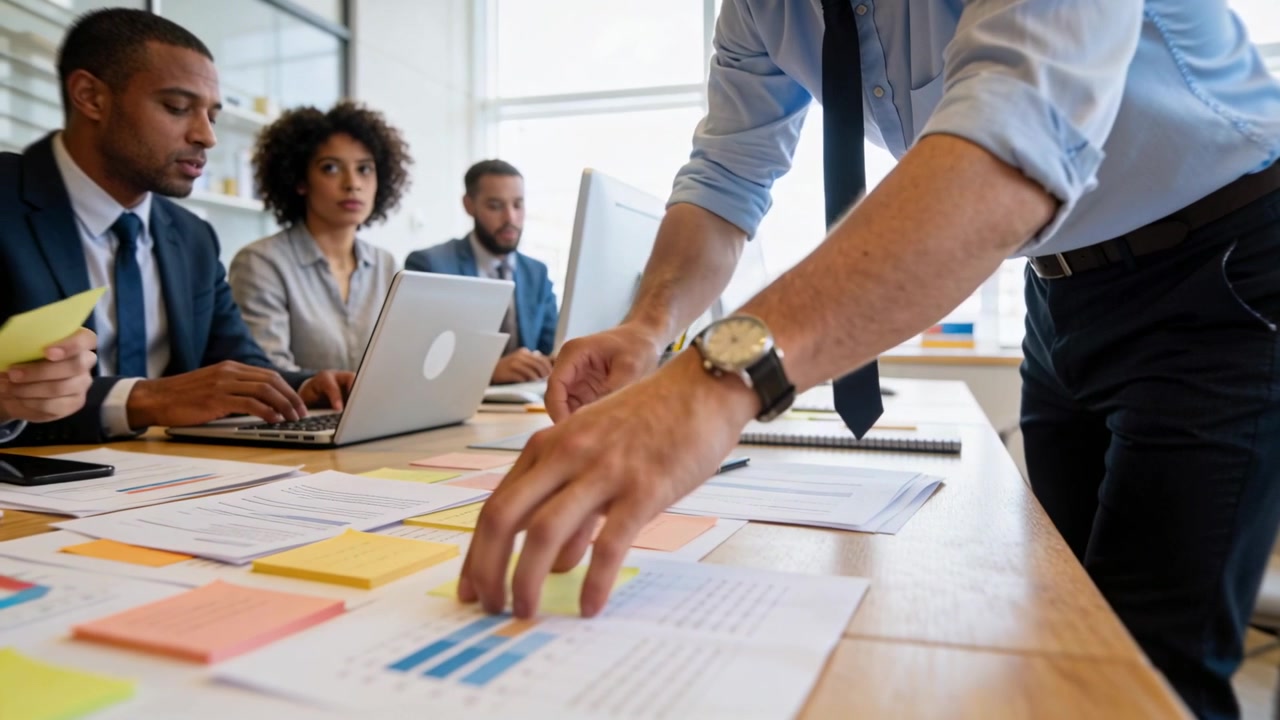 Reaching presenter in blue shirt placing sticky notes on charts at office table, assigning tasks