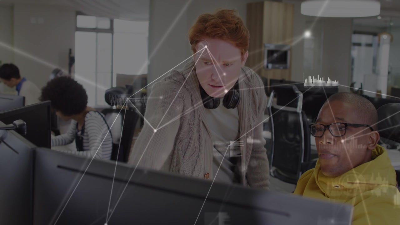 Animation of connections over diverse businesspeople in office