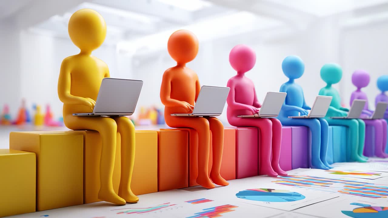 Farverige 3D-figurer engageret i digitalt arbejde: En serie, der fremhæver diversiteten og kreativiteten i virtuelt samarbejde blandt levende karakterer, der bruger laptops