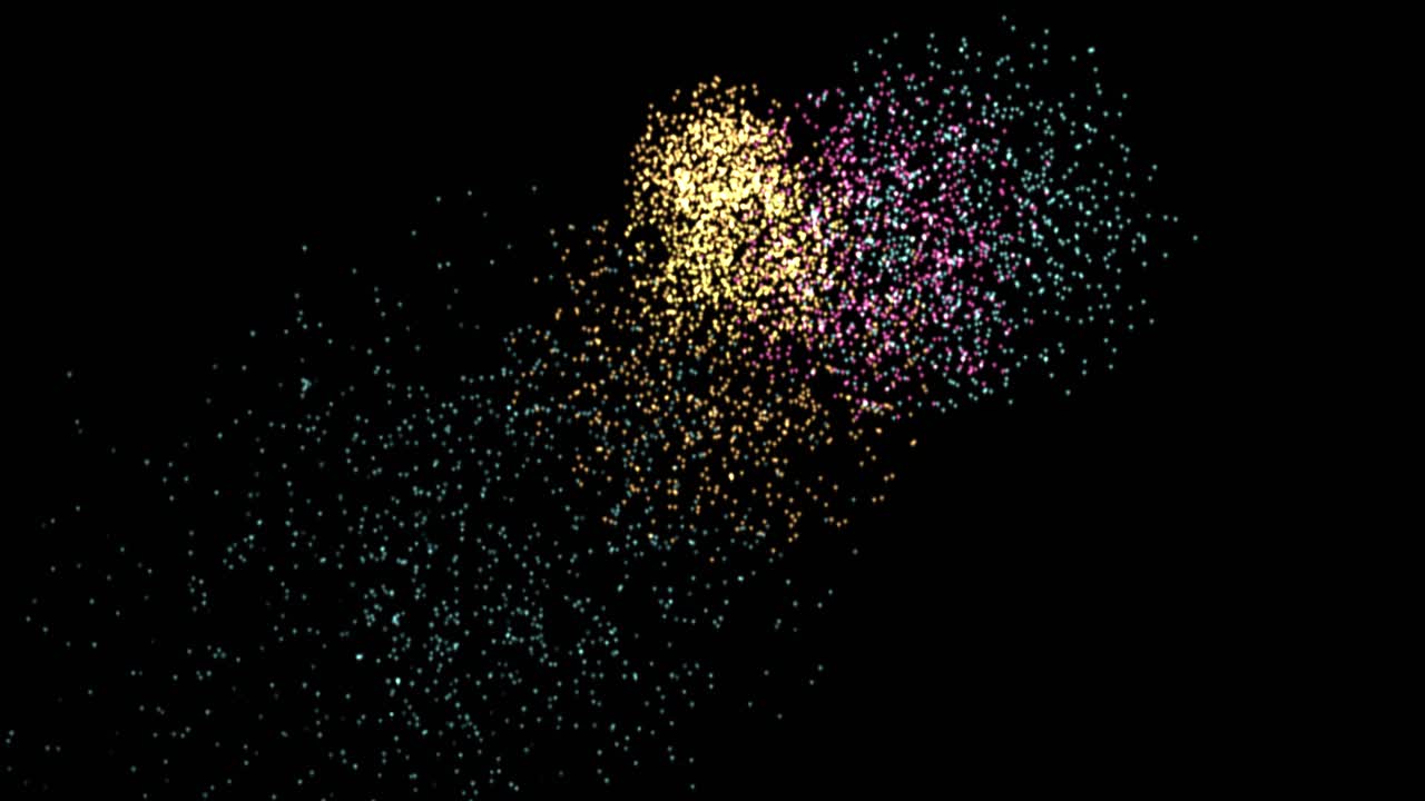 Multiple colorful particle fireworks launch and explode against a black background with soft glowing trails