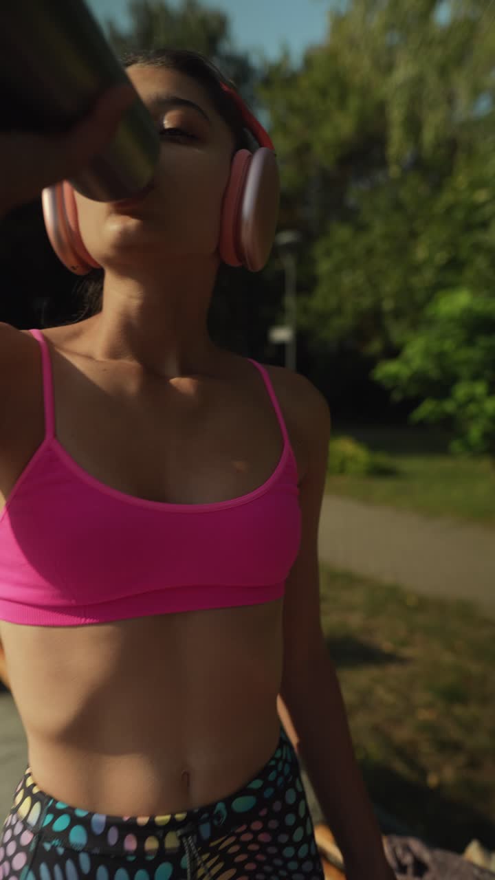 mujer bebiendo agua y haciendo ejercicio al aire libre