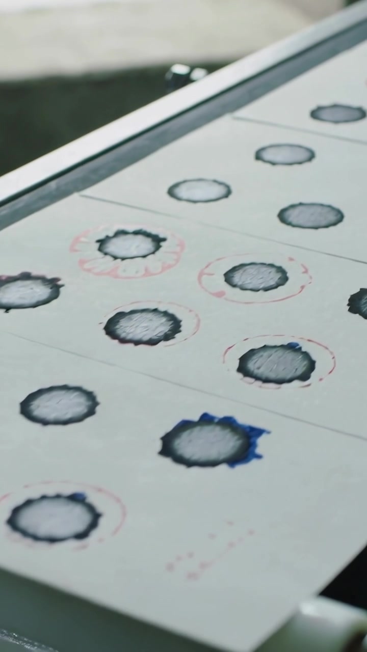 Vertical video: Turning feed roller moving white paper sheet ink grid in shop, showing blue bleed