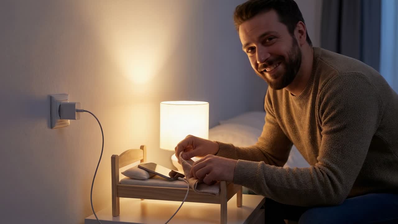 Plugging cable, man in tan knit sweater leaning, connecting phone to charge on miniature bed stand