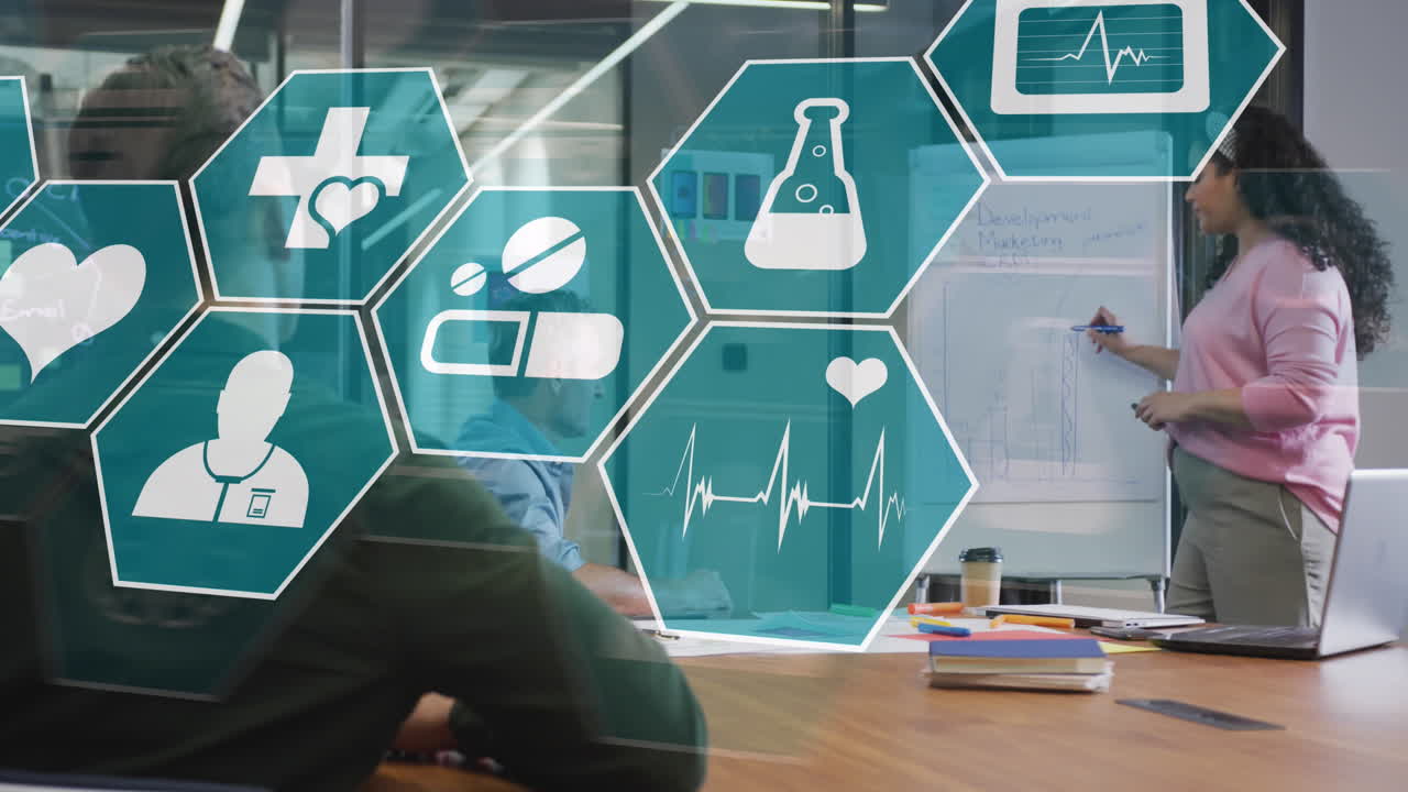 다양한 사업가들이 사무실에 있는 의료 아이콘의 애니메이션.