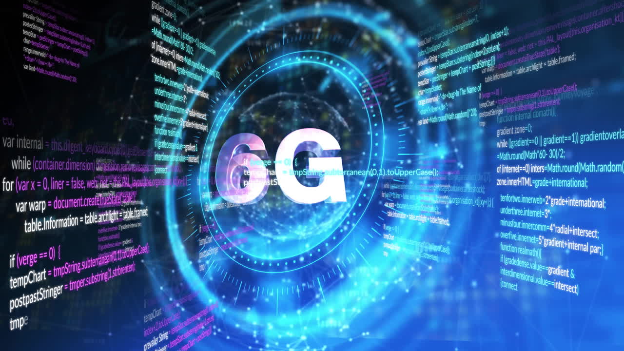 Animation of 6G technology concept with digital data streams in futuristic interface