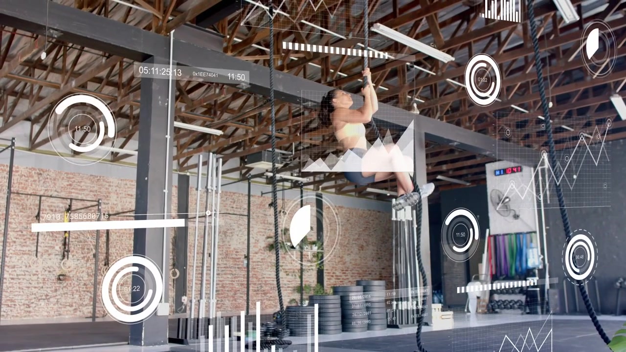 Female athlete pulling rope and using foot-lock to climb for fitness, HUD gauges updating metrics
