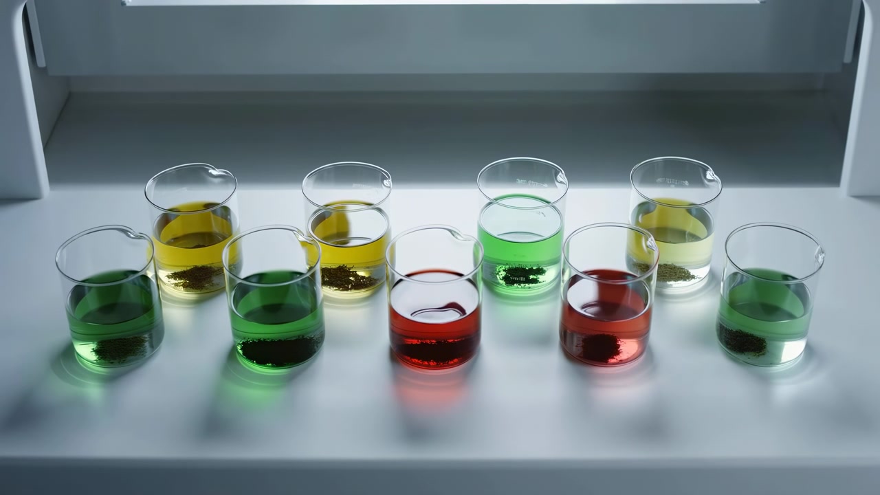 To forskudte rækker af klare cylindriske bægerglas på en reflekterende hvid laboratoriebænk, der viser tydelige farveskift i væsken under sammenlignende prøvetestning under køligt diffust lys med rene