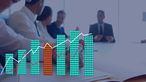 business meeting with bar and line chart animation over people discussing in office