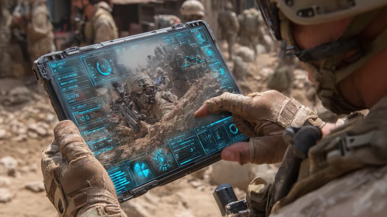 A soldier interacts with an advanced tablet displaying tactical information, seamlessly blending technology with military operations in a rugged environment