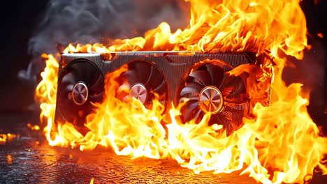 a close up of a burning graphics card on fire