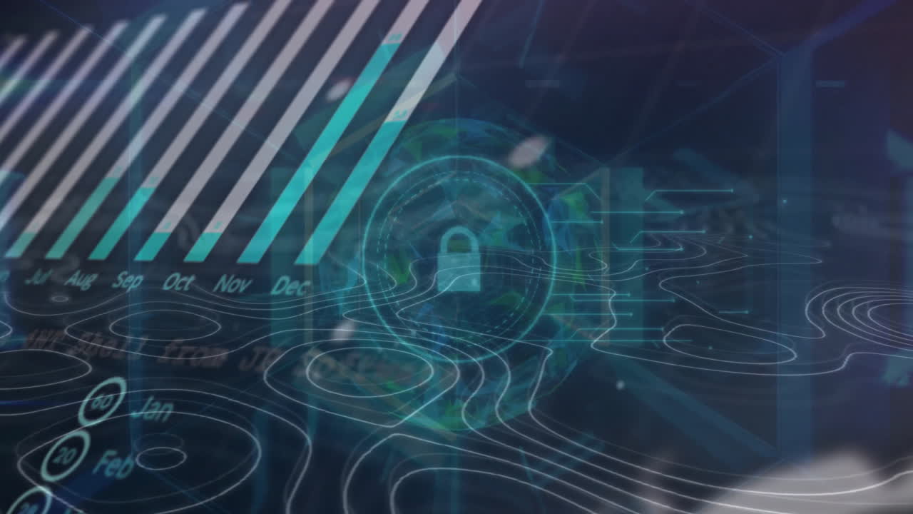 Animation of graphs, globe and padlock in circles on circular pattern against abstract background