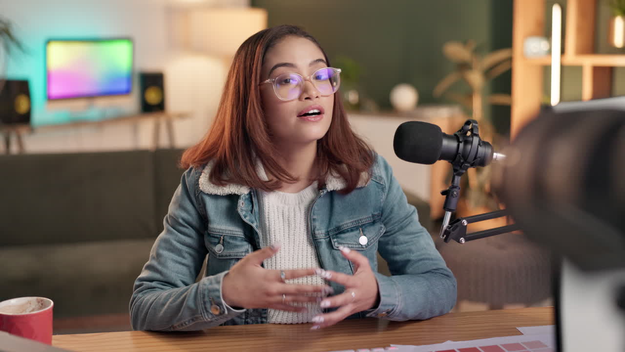En kvinde optager en podcast i sit studie