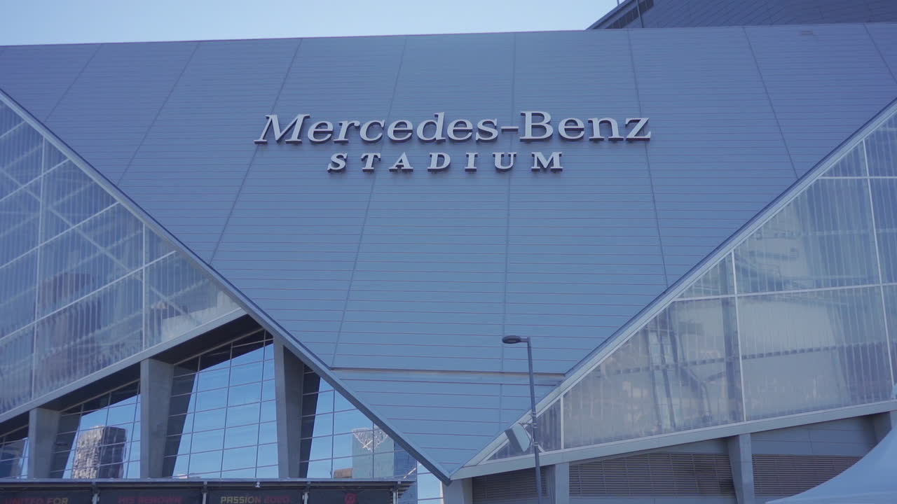 This is a visual reveal of the Mercedes-Benz Stadium panning up from the ground.