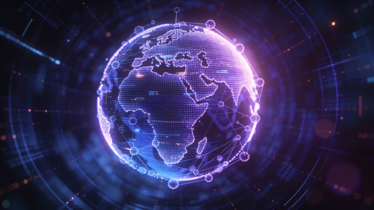 Vertical video: Holo globe appearing rotating, pulsing nodes animating lines showing network tech