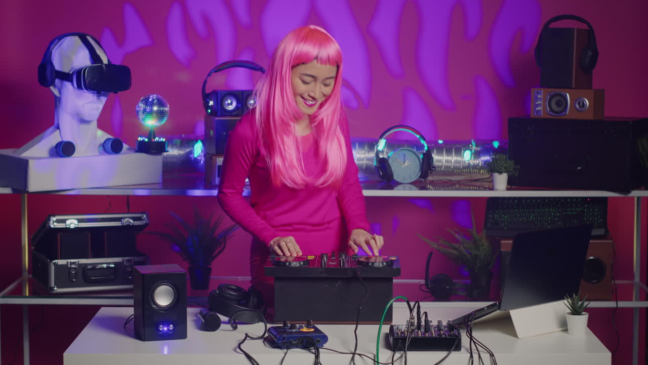 Woman DJ Mixing Electronic Music with Neon Lights