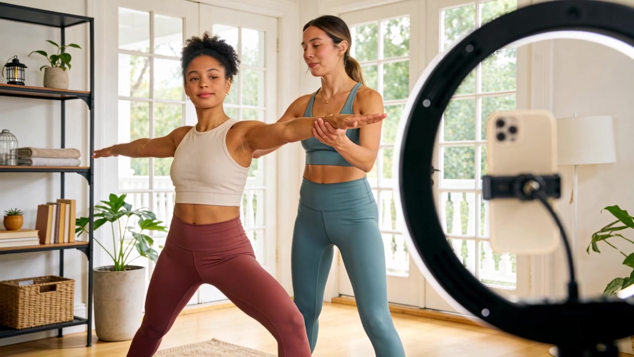 Phone recording, teal trainer adjusting trainee's wide stance for form at home with ring light