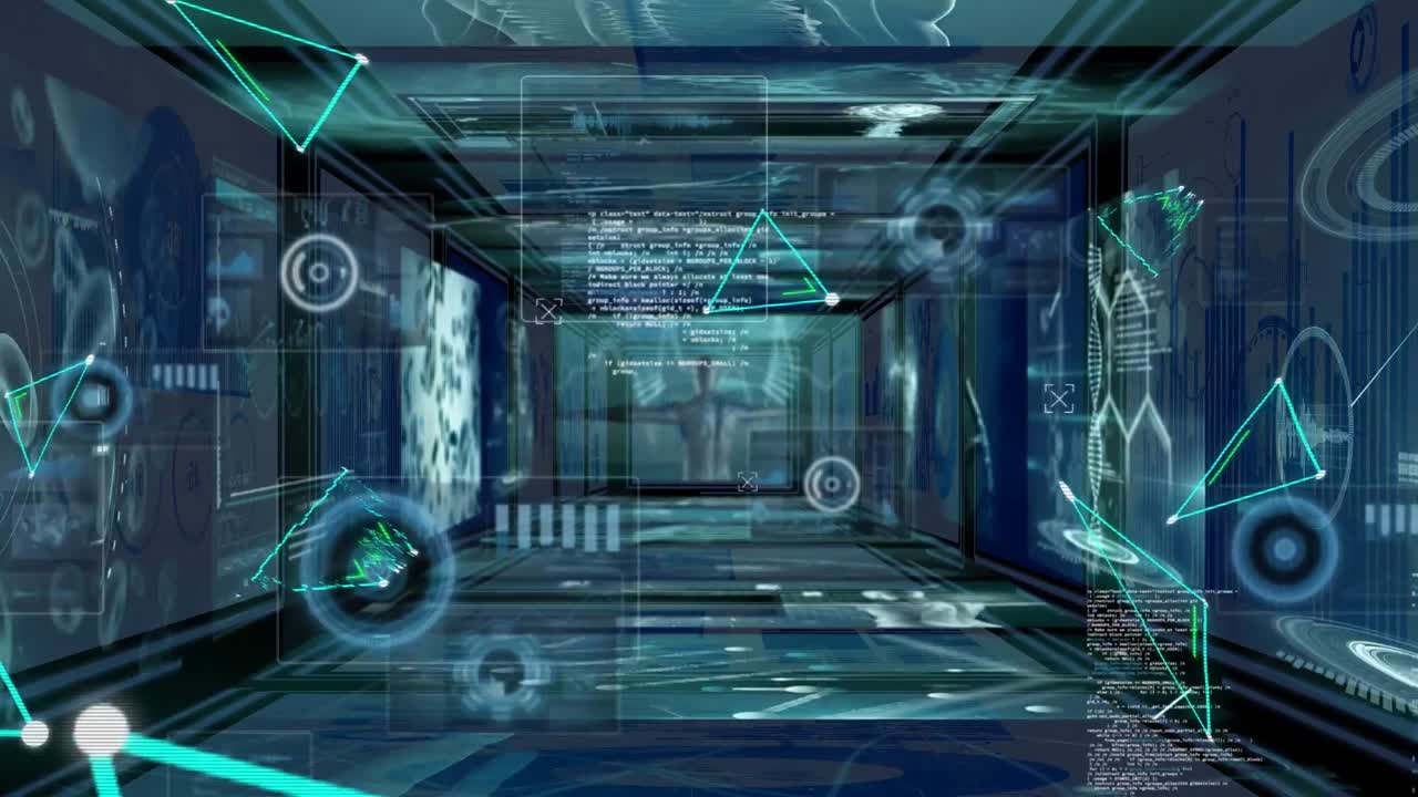 Animation of data processing and shapes on black background