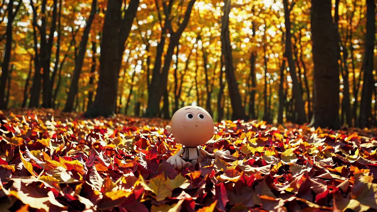 A whimsical animated character stands amidst vibrant autumn leaves, captured from a low-angle