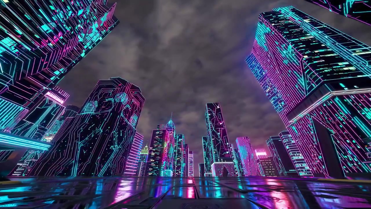 Paesaggio urbano futuristico con luci al neon e nuvole in movimento