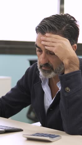 stressed businessman using computer at desk and sitting with head in hands in office
