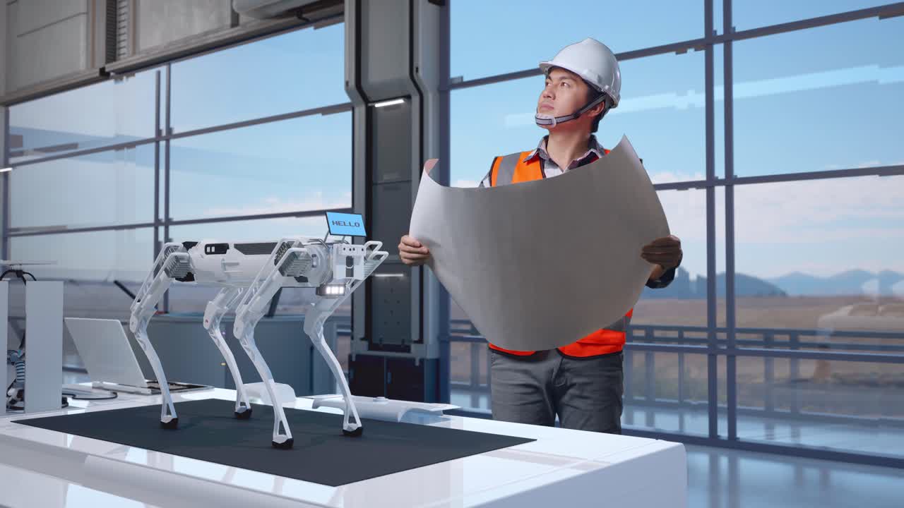 corpo pieno di ingegnere maschio asiatico con casco di sicurezza guardando il progetto nelle sue mani e guardandosi intorno mentre si trova in fabbrica ad alta tecnologia, analizzando il concetto di macchina robotica