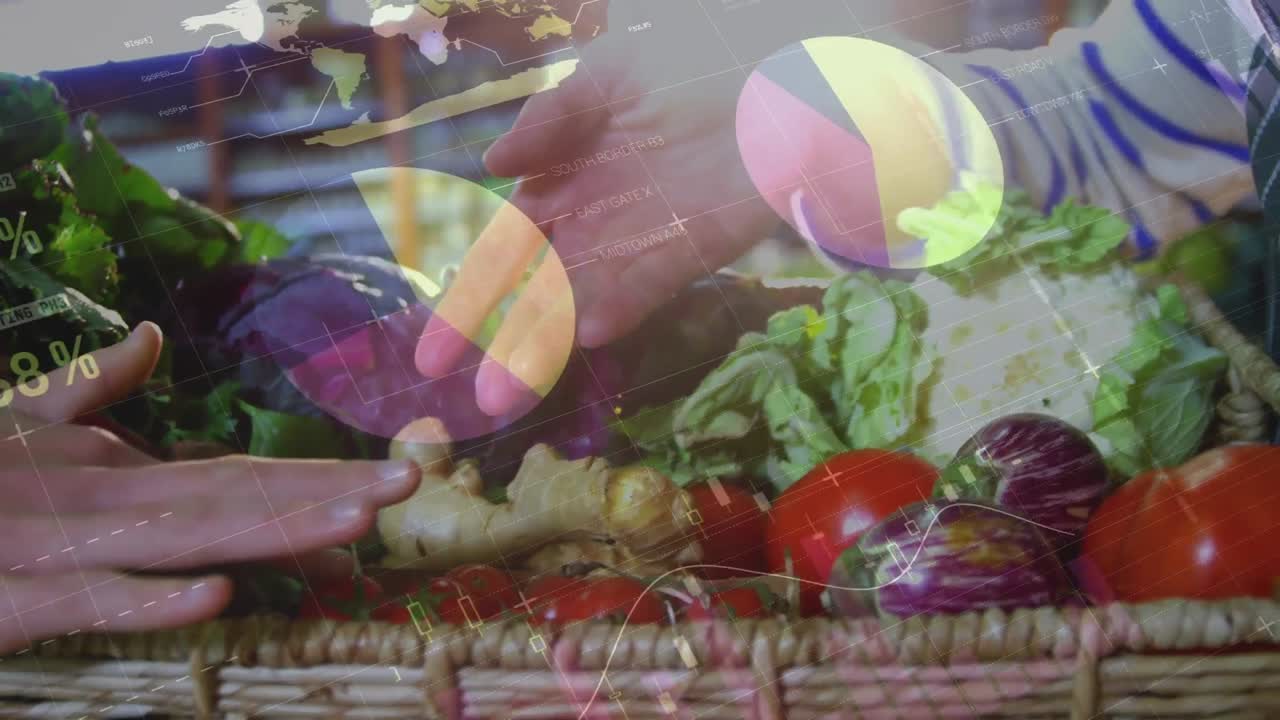 여성 채소 판매자, 고객 및 채소 바구니의 손에서 데이터 처리의 애니메이션