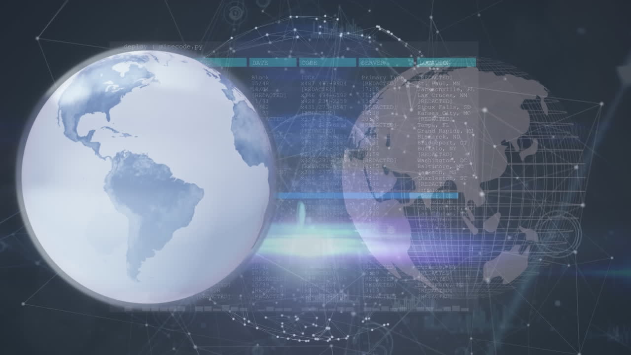 파란색 배경에 대한 데이터 처리에 대한 회전하는 지구와 빛의 점의 애니메이션