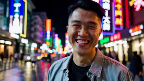 happy man in a night city