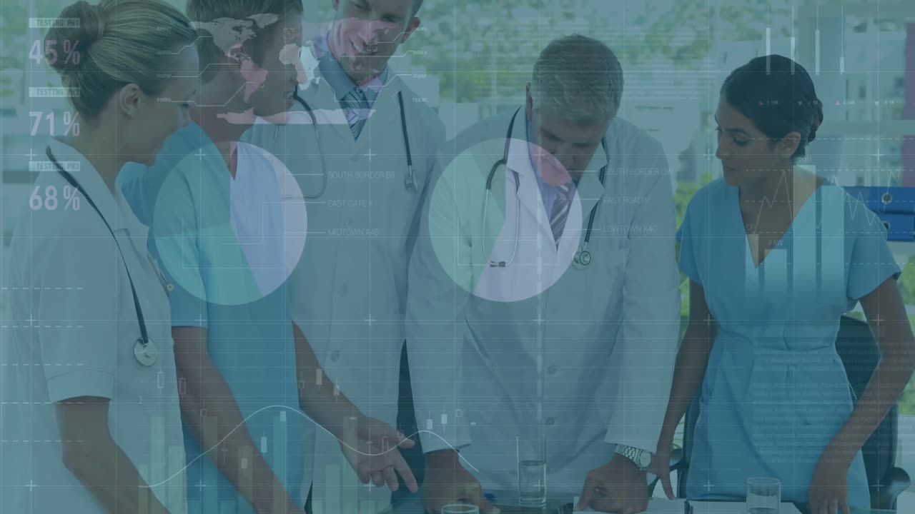 Animation af databehandling over et team af forskellige læger og sundhedsarbejdere, der diskuterer på hospitalet.