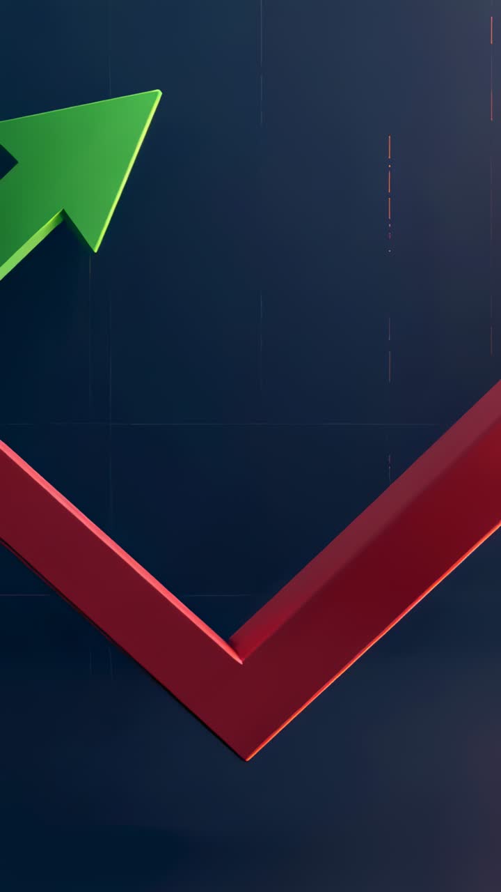 Vertical video: Playing red 3D arrow rising across blue grid, signaling upward trend near green tip