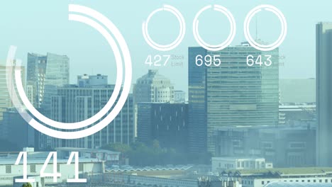 animation of financial data processing against aerial view of cityscape