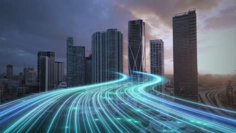 fast speed internet data animation with modern smart city aerial skyline cityscape at sunset