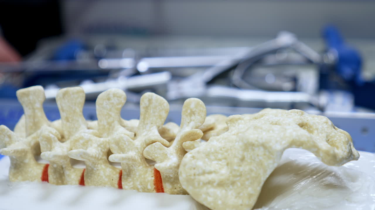 Model of an upper part of a spine on the desk. Blue stick is pointing at the special areas during the neurosurgery study. Close up.