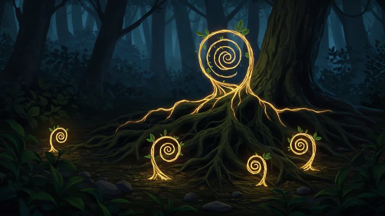Enchanted Forest Scene Featuring Illuminated Roots and Spiraling Plant Growth with Lush Greenery and Mystical Atmosphere