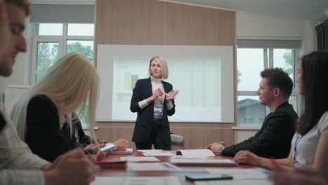 reunión de negocios en la sala de conferencias de una gran empresa mujer jefe está hablando en frente de los especialistas del departamento