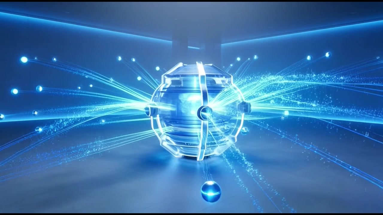 Futuristic Glowing Sphere Emitting Light Beams and Floating Orbs