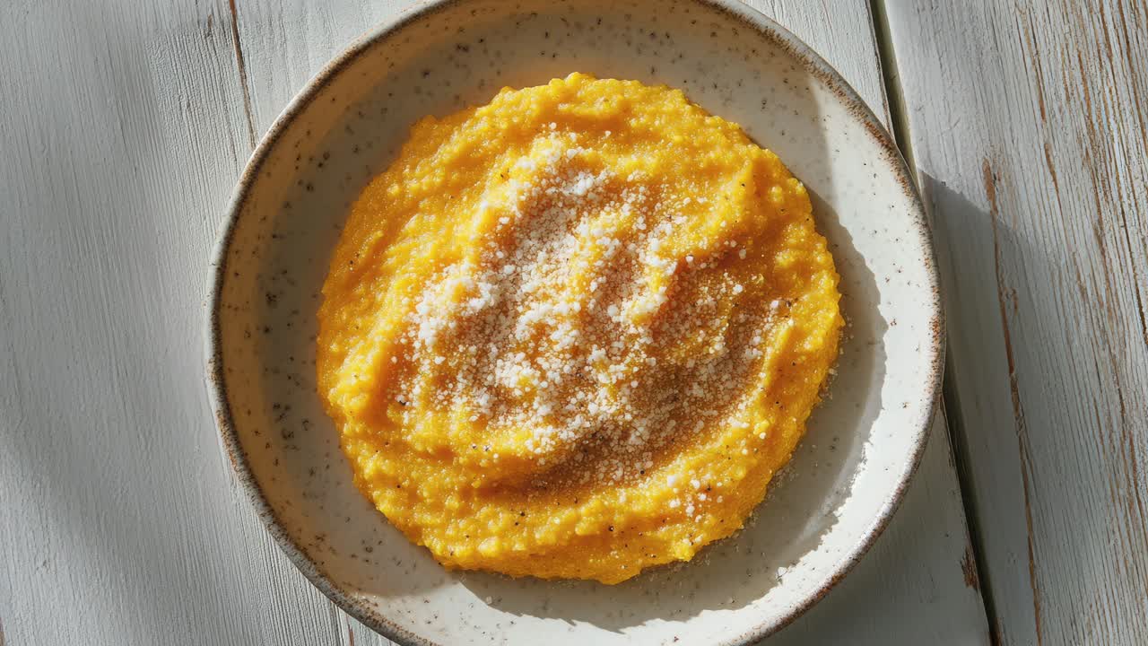una capa plana de polenta de calabaza con parmesán en un plato blanco