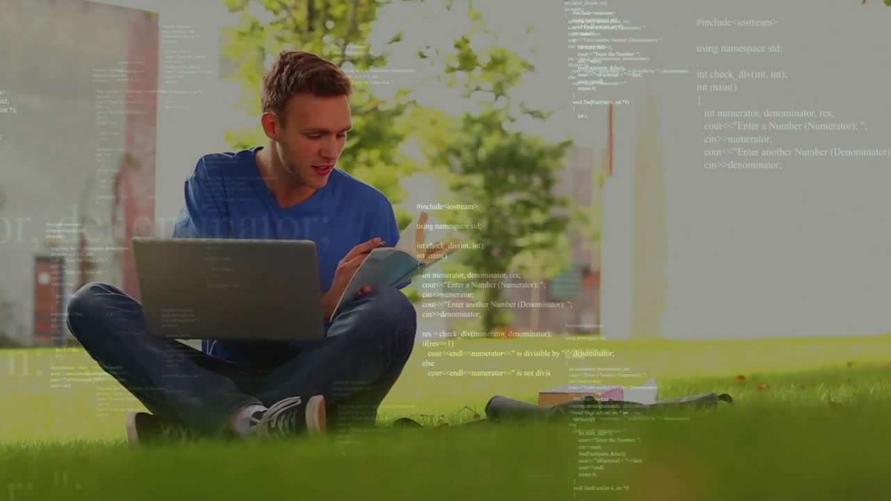 Programming code animation over young man using laptop and tablet outdoors