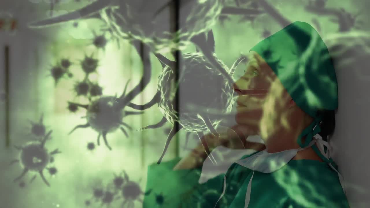 animación de la propagación del coronavirus covid19 con un trabajador de la salud en el fondo