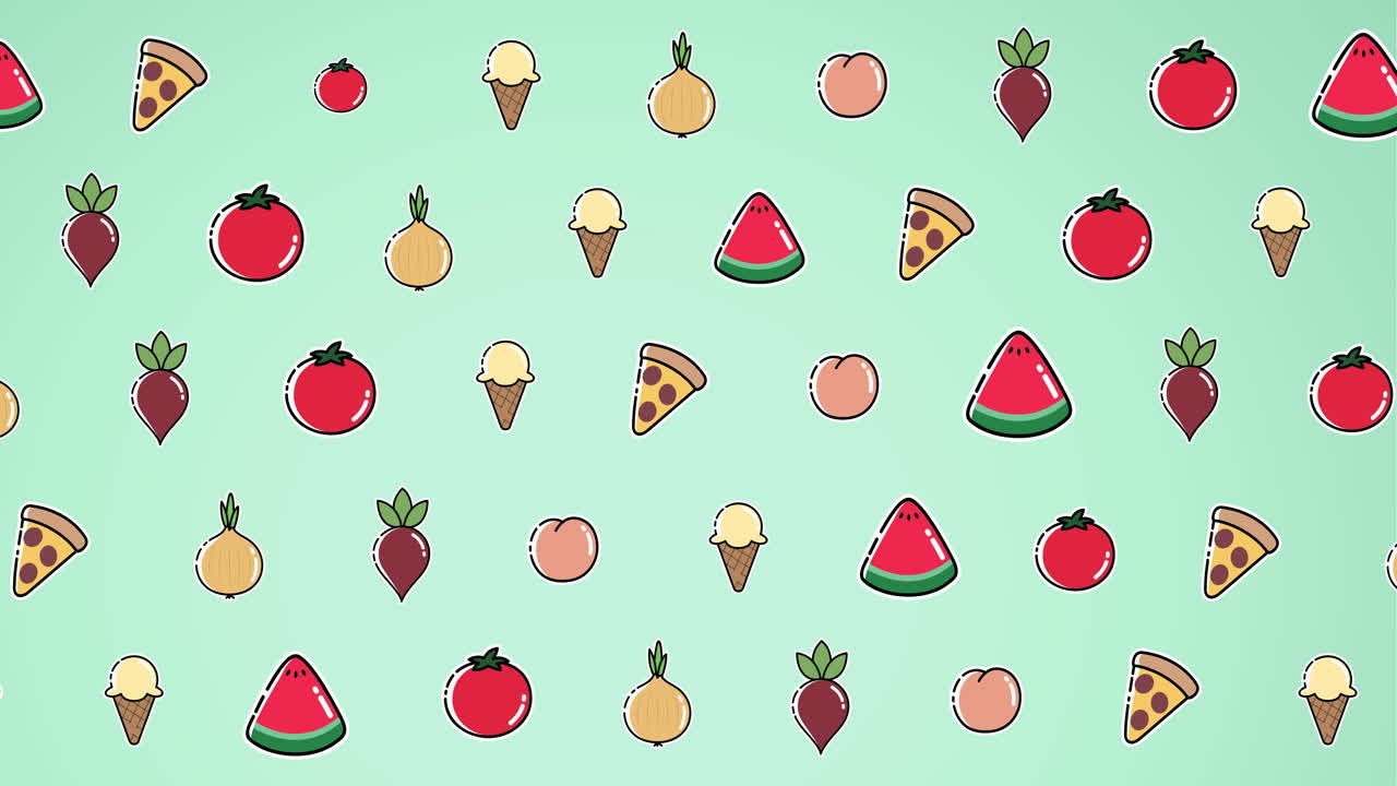 animación de diversos dibujos animados de comida flotando sobre un fondo verde