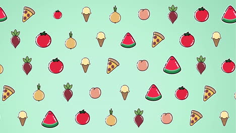 animation of diverse cartoon food floating on green background