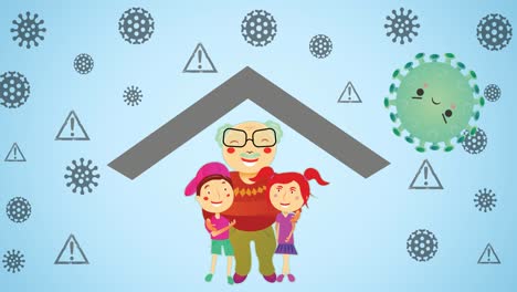 animación de una familia abrazándose sobre un fondo azul