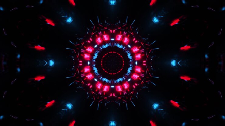 kreisförmiges muster mit blauem licht in der mitte. kaleidoskop vj schleife